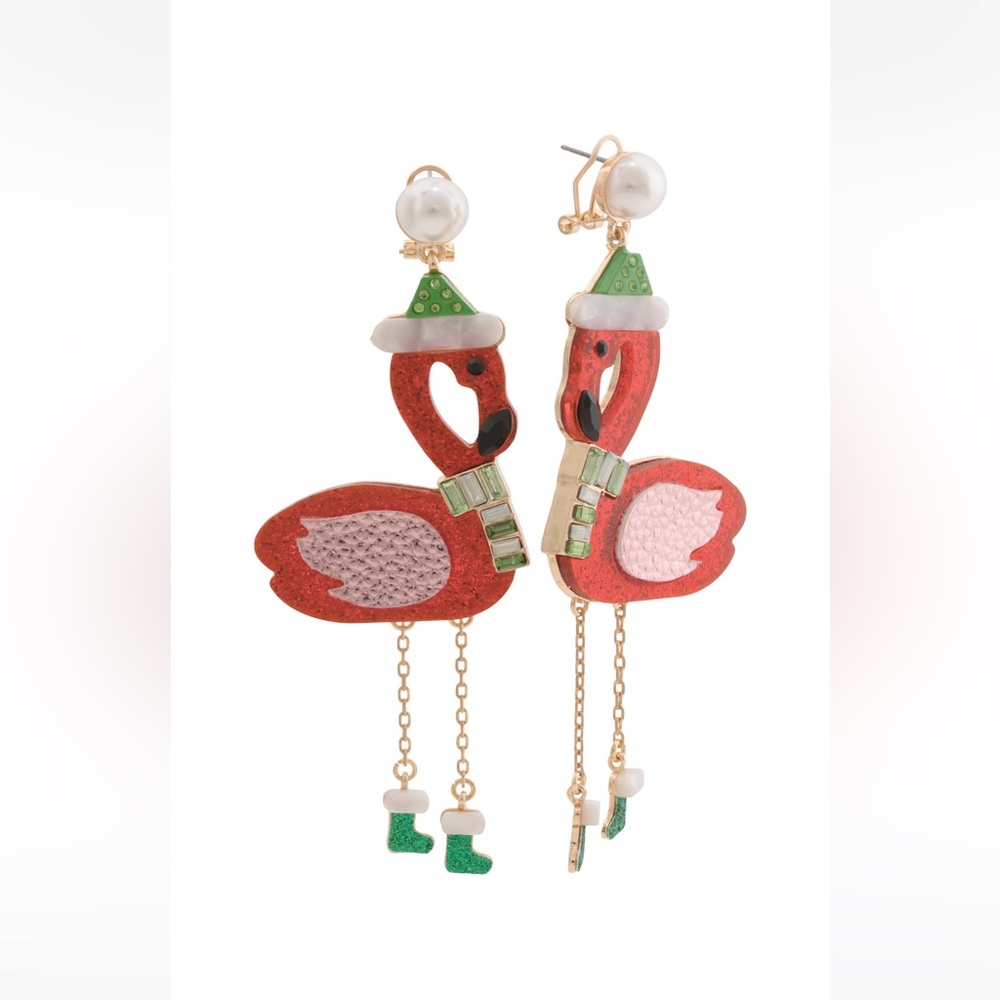 Betsey Johnson Holiday Dangle Earrings Flamingo Crystal Gold Tone Christmas Pink